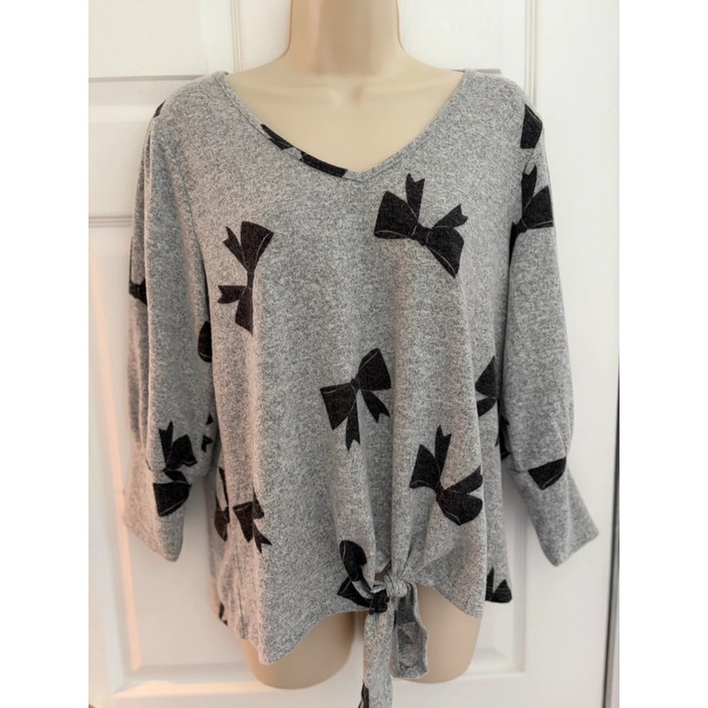 Adrienne Vittadini Womens Bow Sweater Gray Black Tie Front V-Neck Size L VK31966